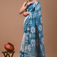 White & Sky Blue Linen Saree With Silver Zari Border