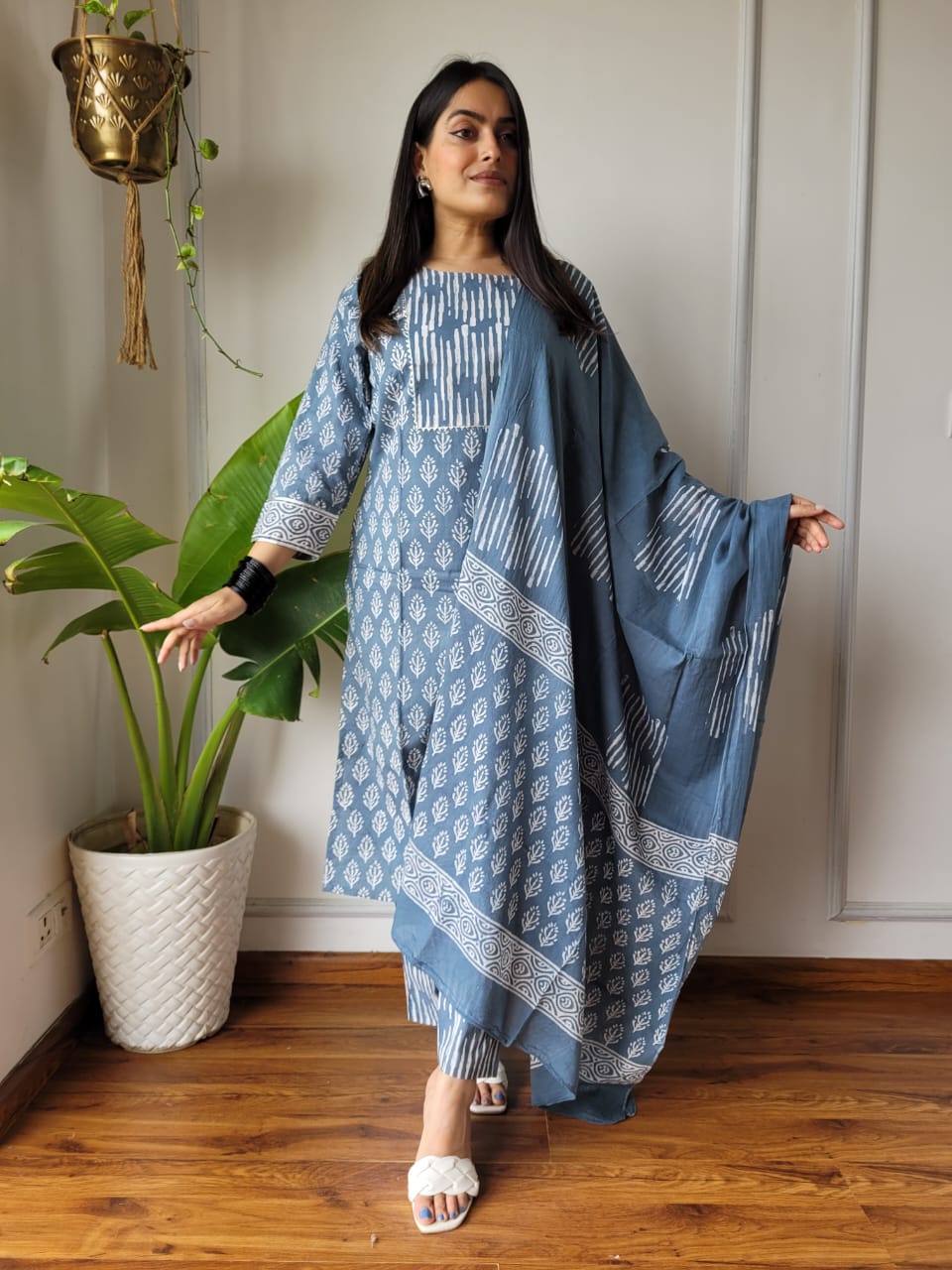 Grey Cotton Printed Straight Suit Set