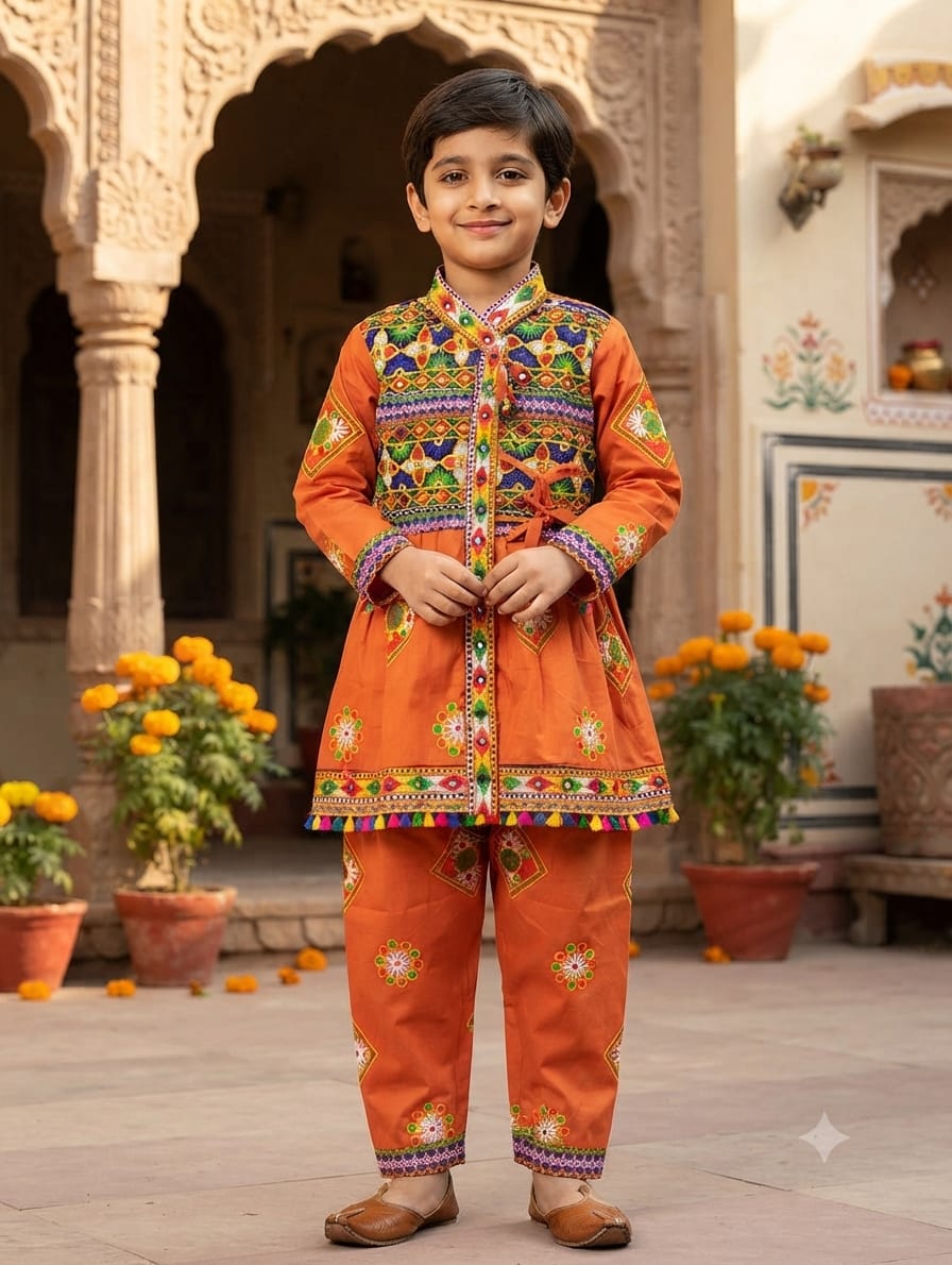 Traditional Orange Gujarati Kedia Dress for Boys