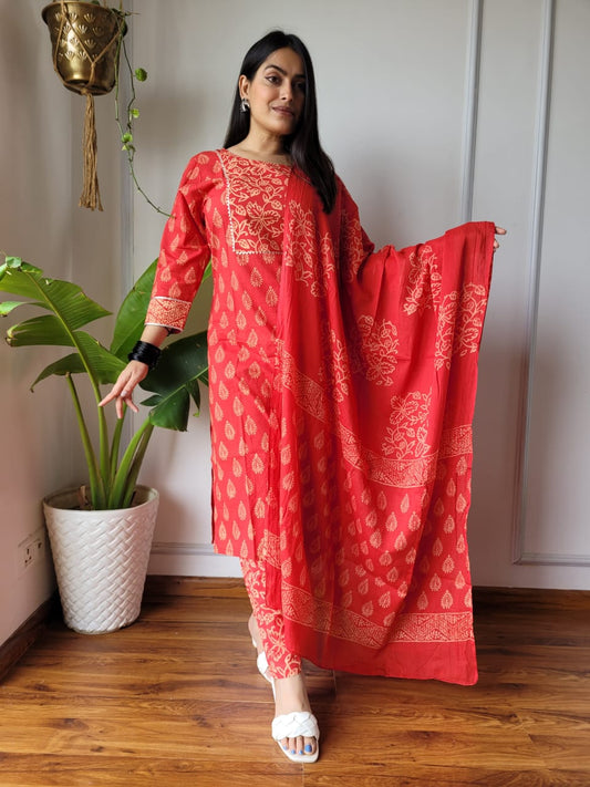 Red Cotton Printed Straight Suit Set