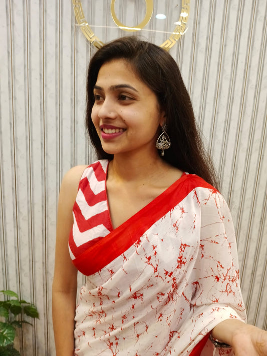 Red & White STORI Saree Floral Printed Cotton Mulmul Saree