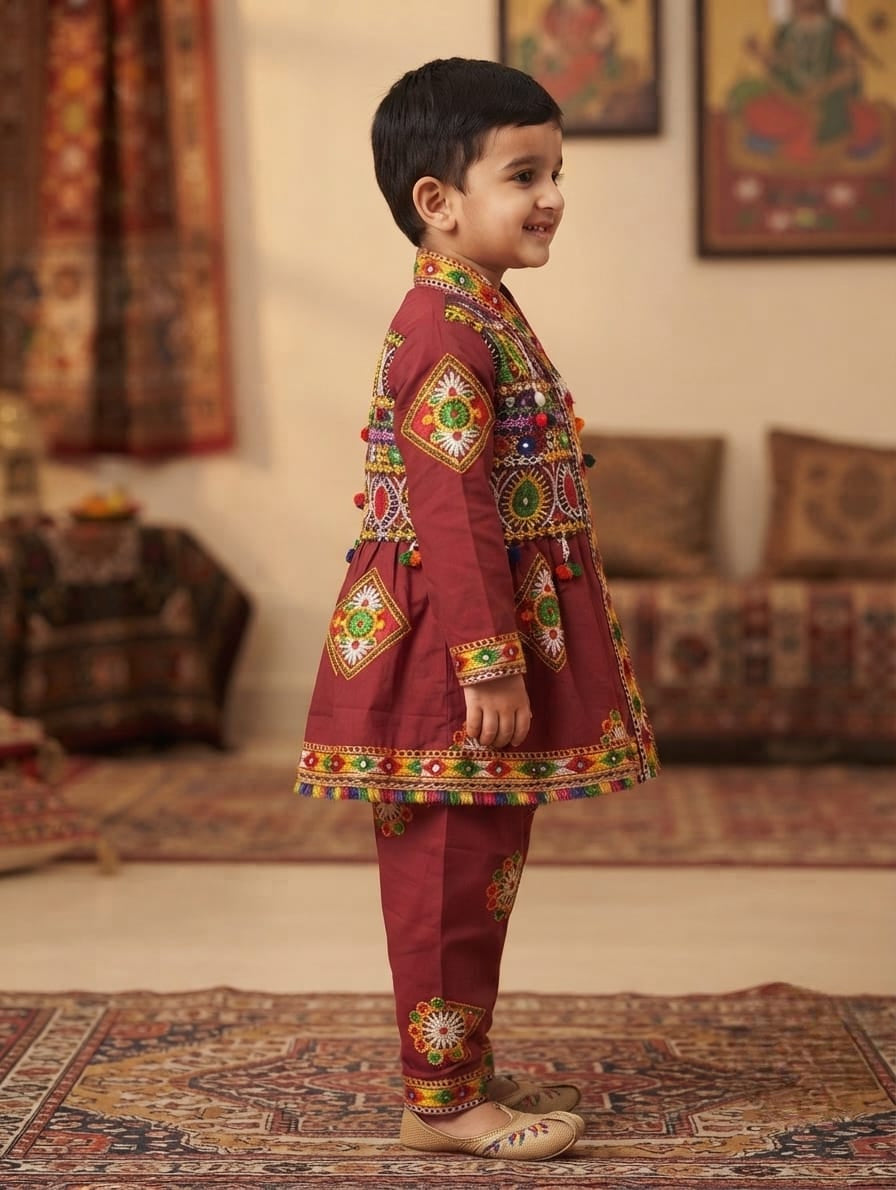 Traditional Red Gujarati Kedia Dress for Boys