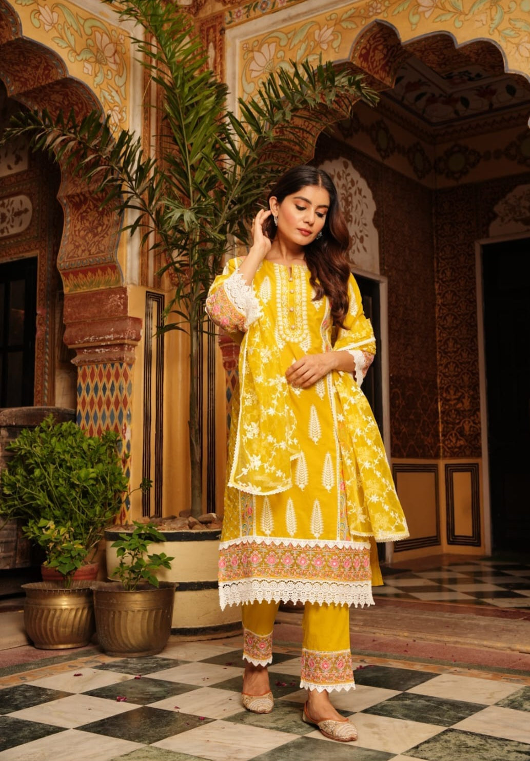 Bright Yellow Designer Schiffili Embroidered Kurti Set