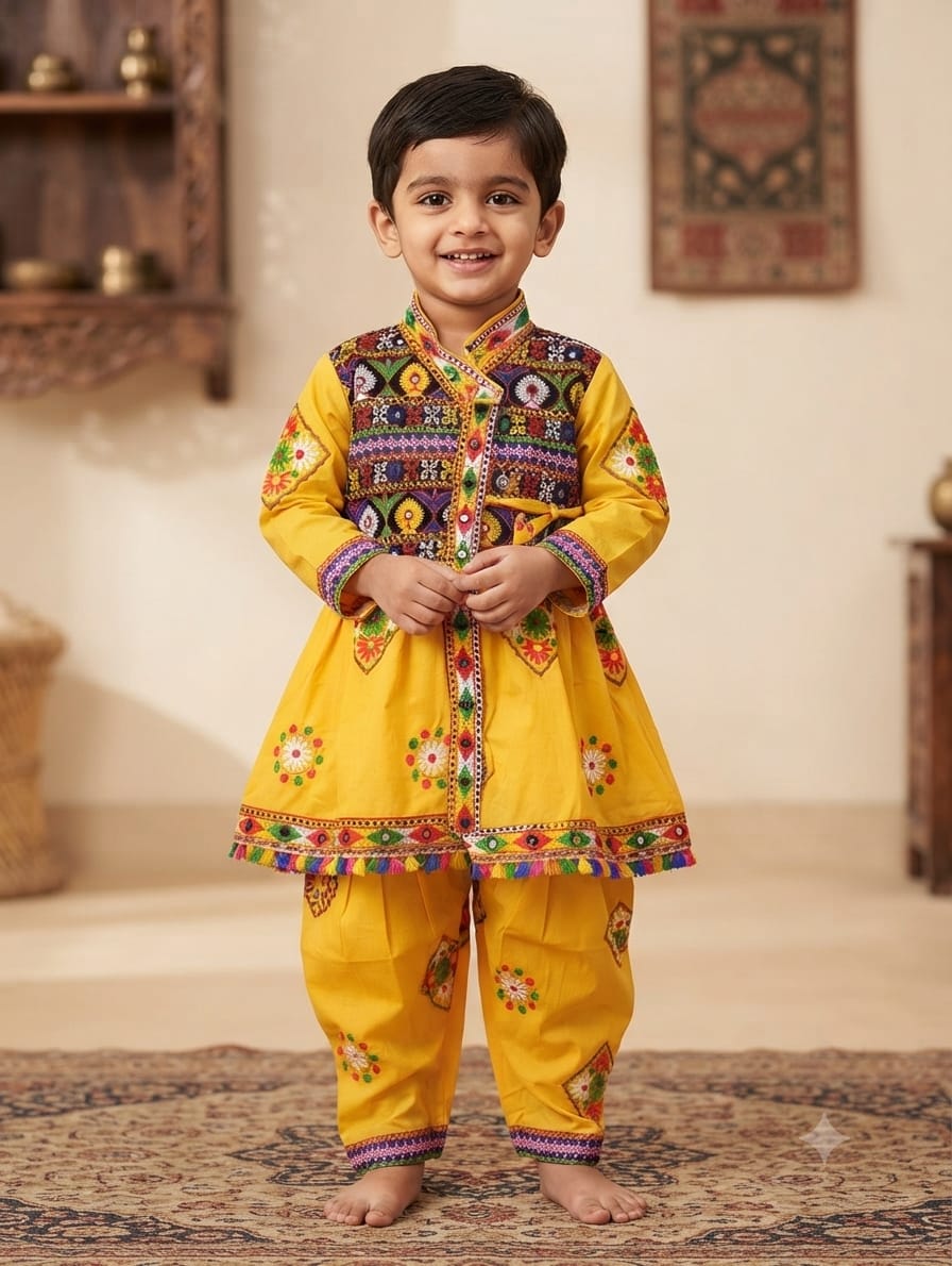 Traditional Yellow Gujarati Kedia Dress for Boys