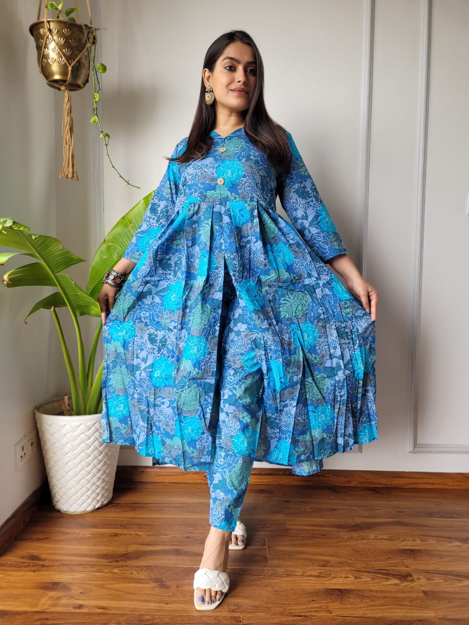 Shop Blue Nyra Cut Cotton Kurti Set