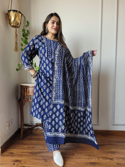 Blue Cotton Printed Straight Suit Set