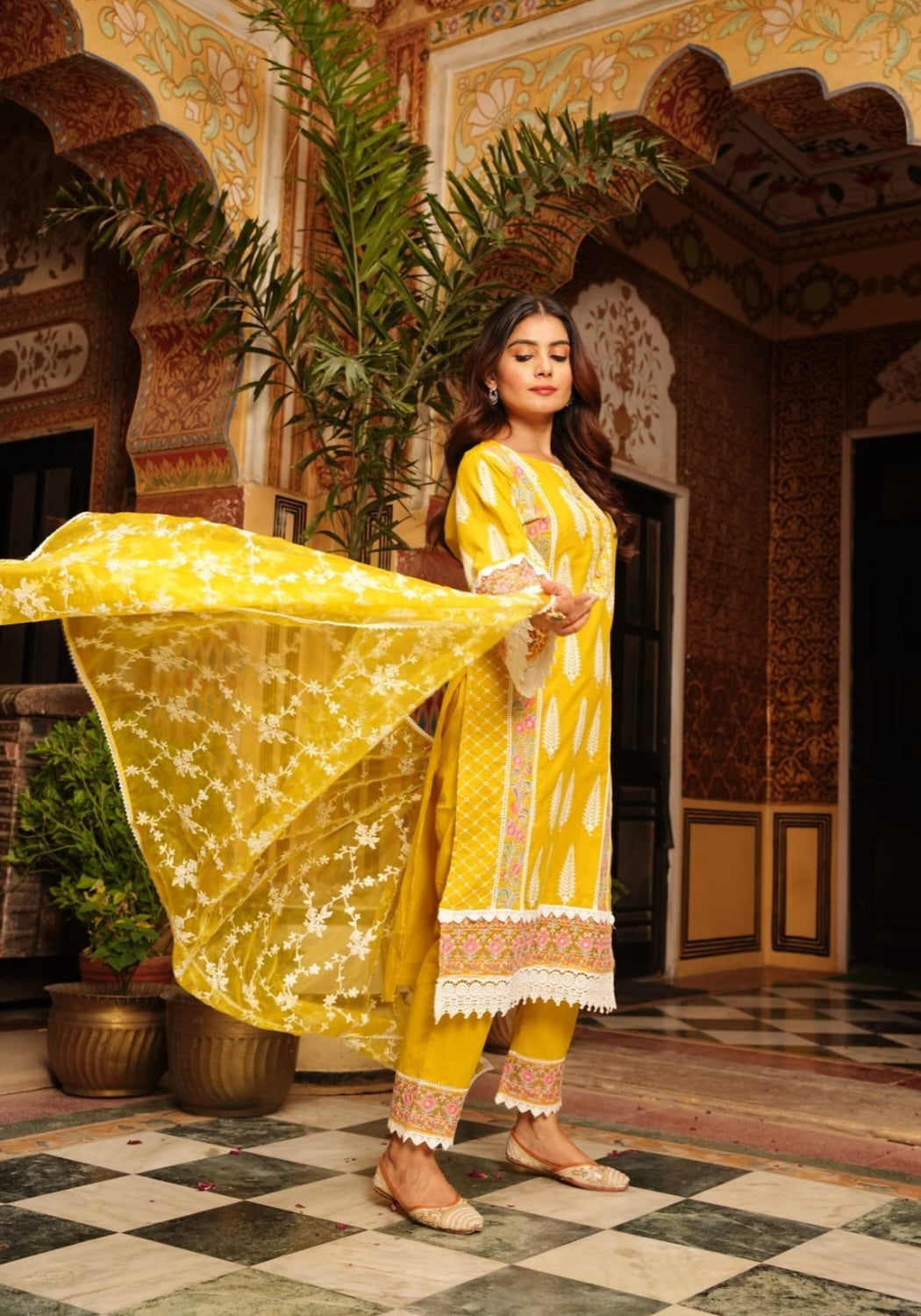 Bright Yellow Designer Schiffili Embroidered Kurti Set