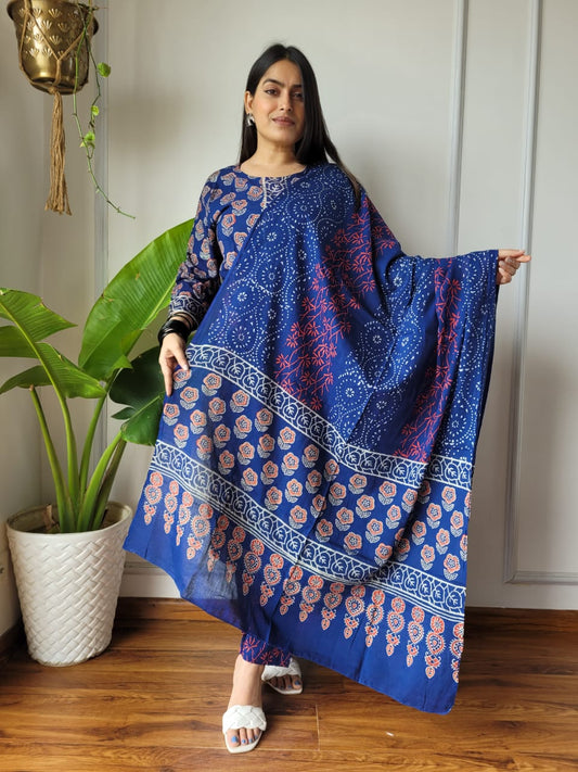 Shop Blue Ajrakh Suit Set Online-STORI