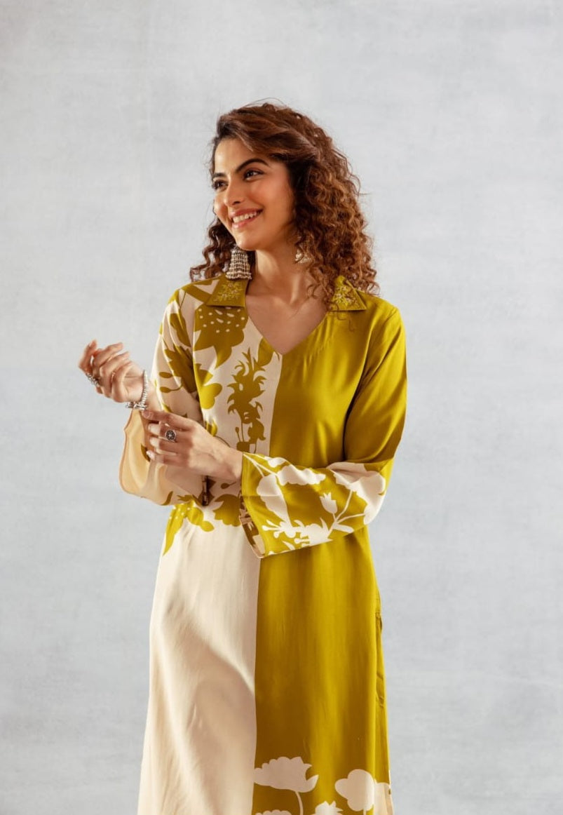 STORI Olive Green & Cream Coord Set for Women