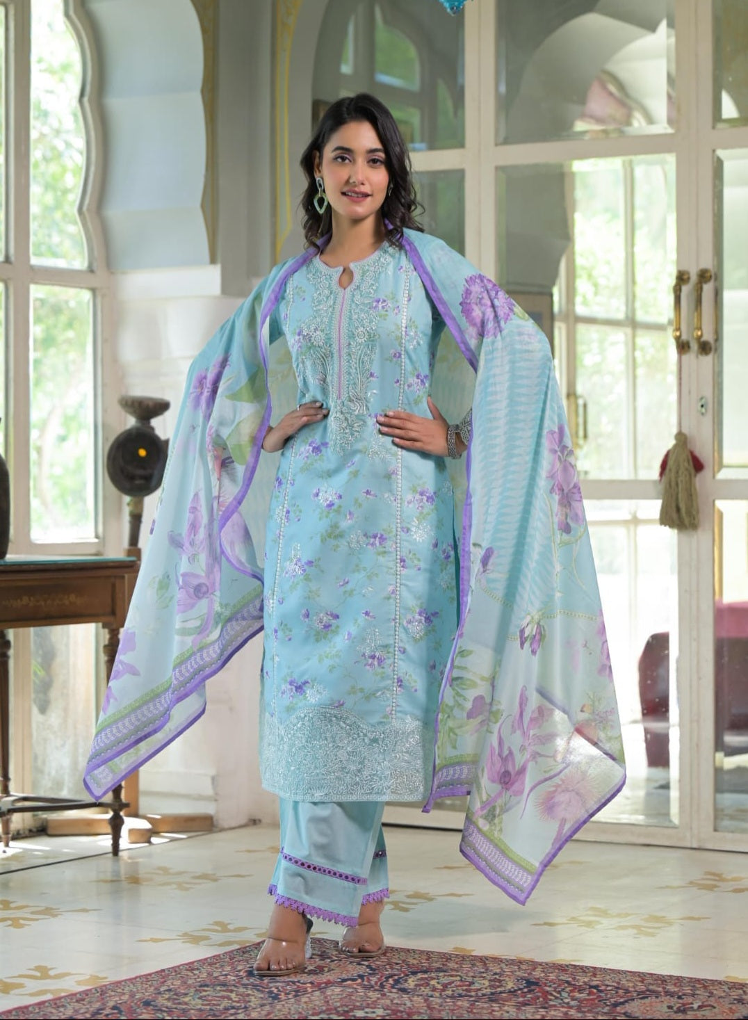 Blue Floral Print Mul Cotton Salwar Suit