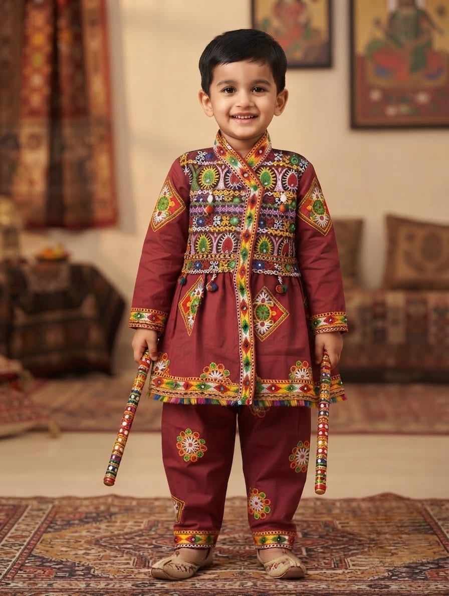 Traditional Red Gujarati Kedia Dress for Boys
