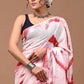 Red & White Linen Saree With Silver Zari Border