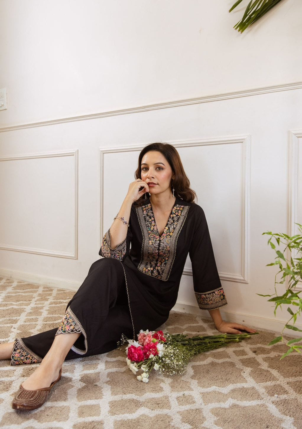 Black Embroidered Coord Set for women
