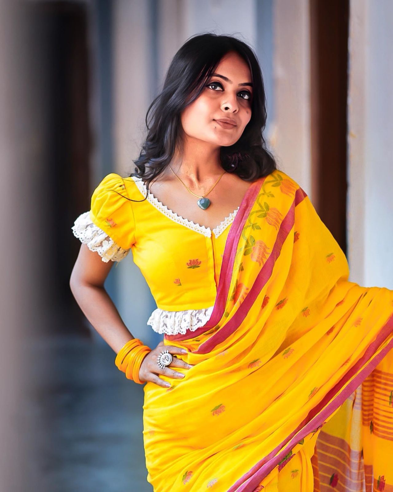 Turmeric Yellow Lotus Handloom Cotton Saree