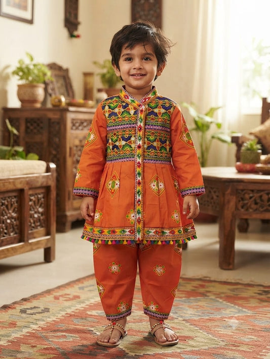 Traditional Orange Gujarati Kedia Dress for Boys