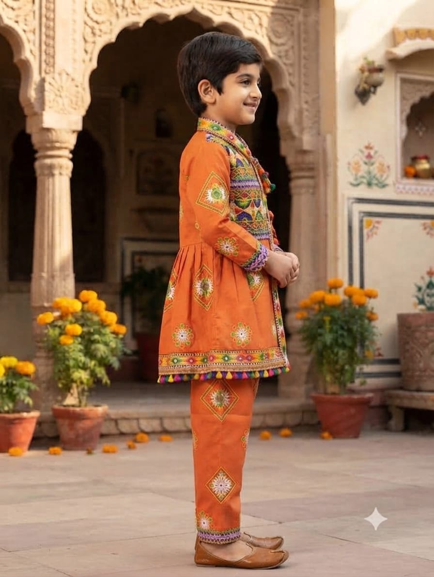 Traditional Orange Gujarati Kedia Dress for Boys