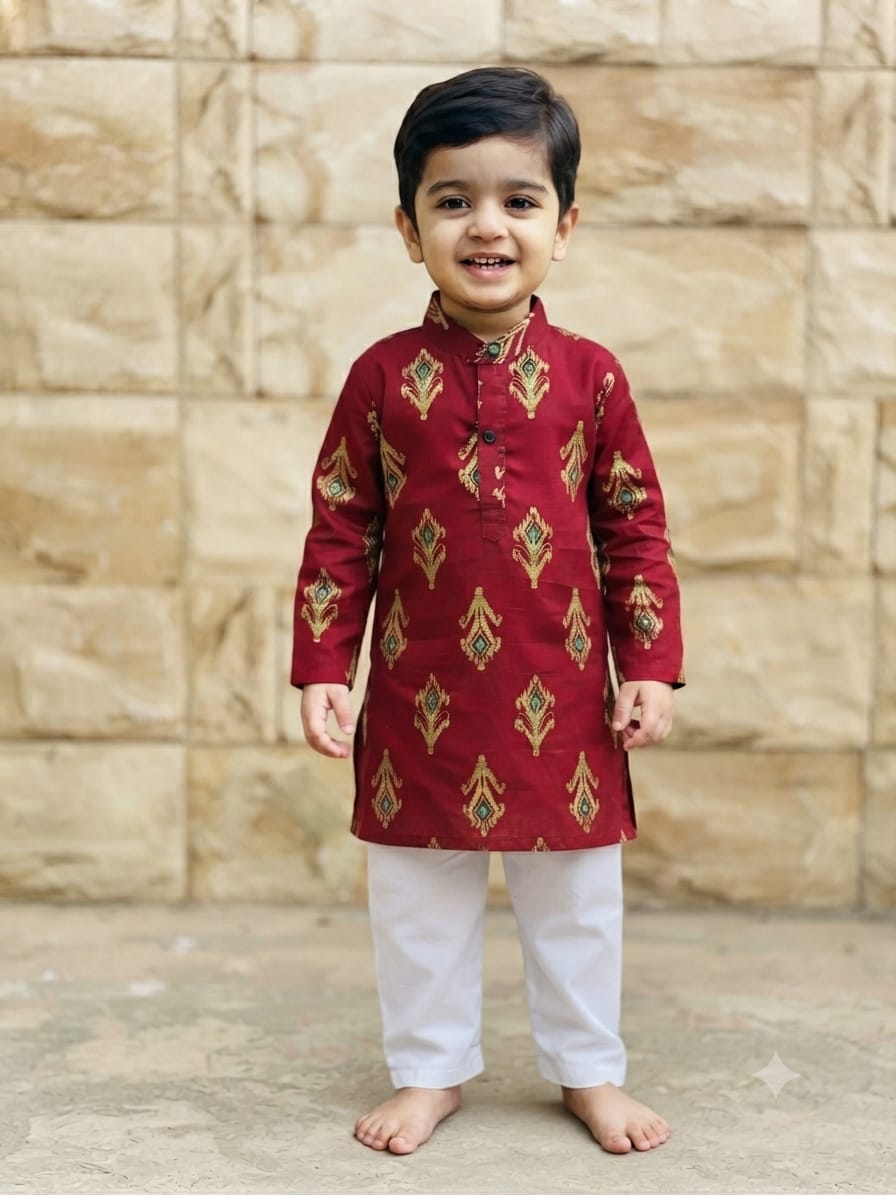 Cotton Printed Maroon 2-Piece Kurta Set for Boys