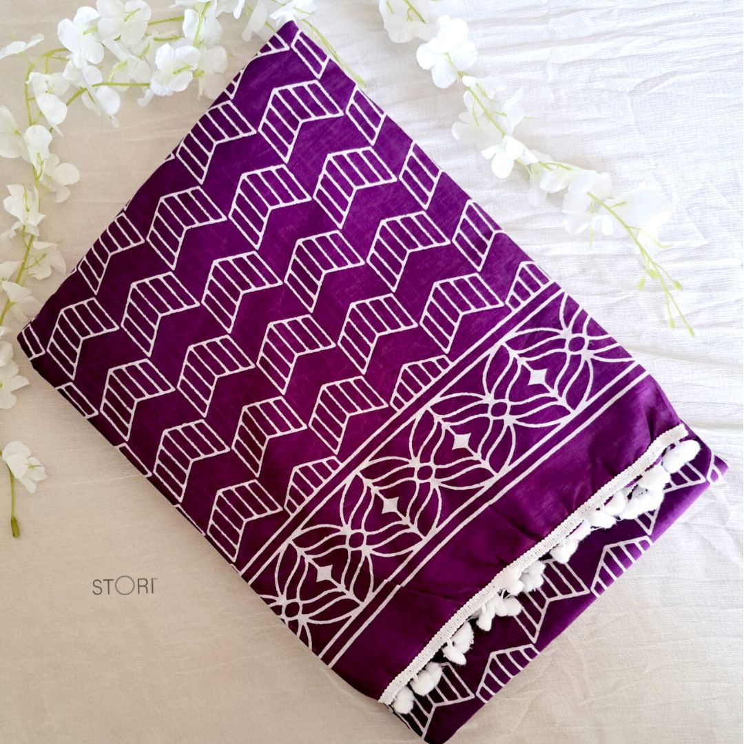 Purple Block Printed Handloom Cotton Mulmul Saree