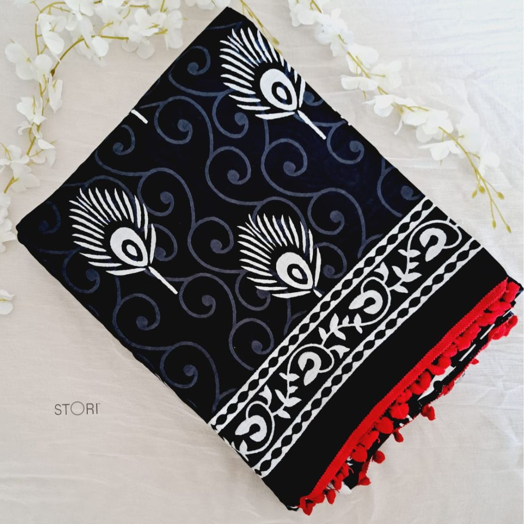 Black Block Printed Handloom Cotton Mulmul Saree