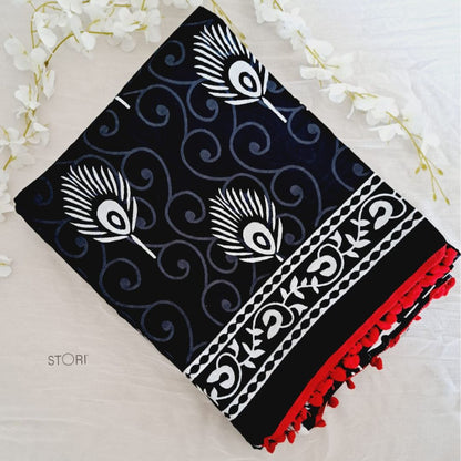 Black Block Printed Handloom Cotton Mulmul Saree