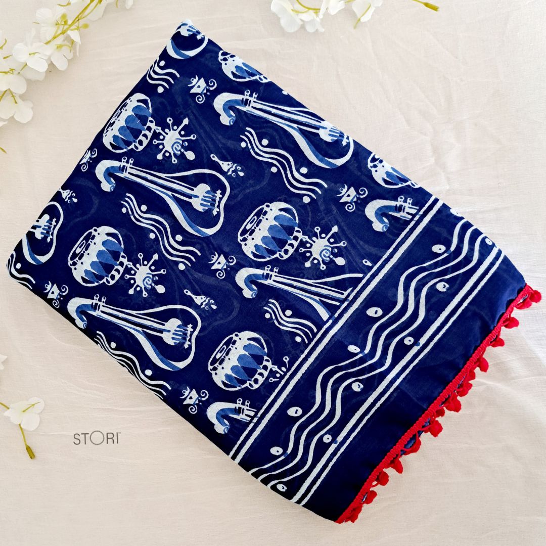 Indigo Blue Sitaar Printed Handloom Cotton Mulmul Saree
