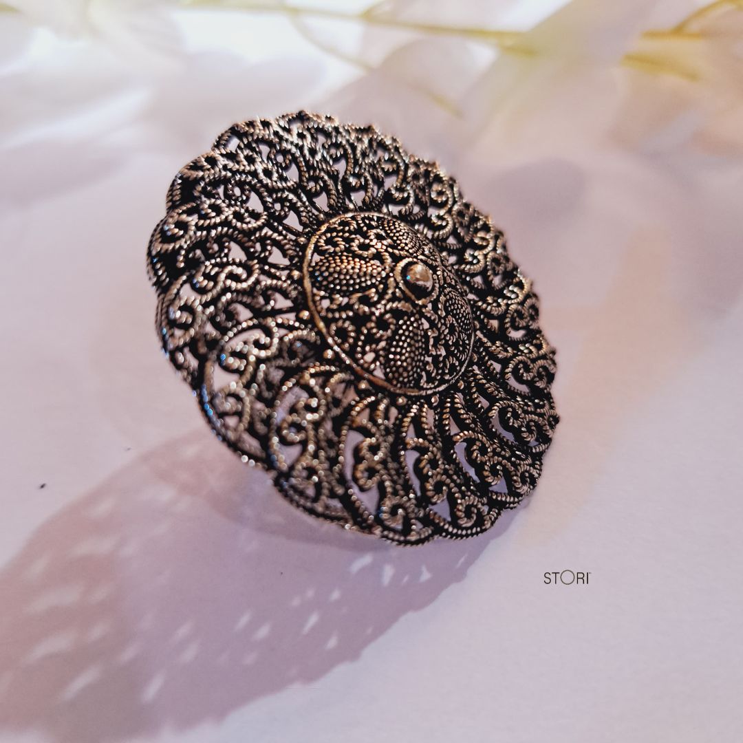 Round Handcrafted Oxidised Finger Ring
