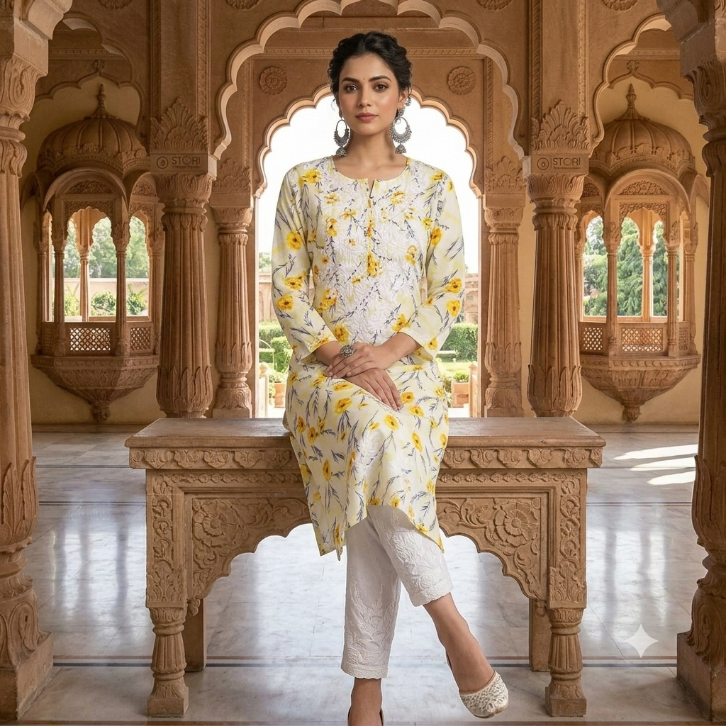 Floral Pale Yellow Printed Cotton Mulmul Chikankari Kurti