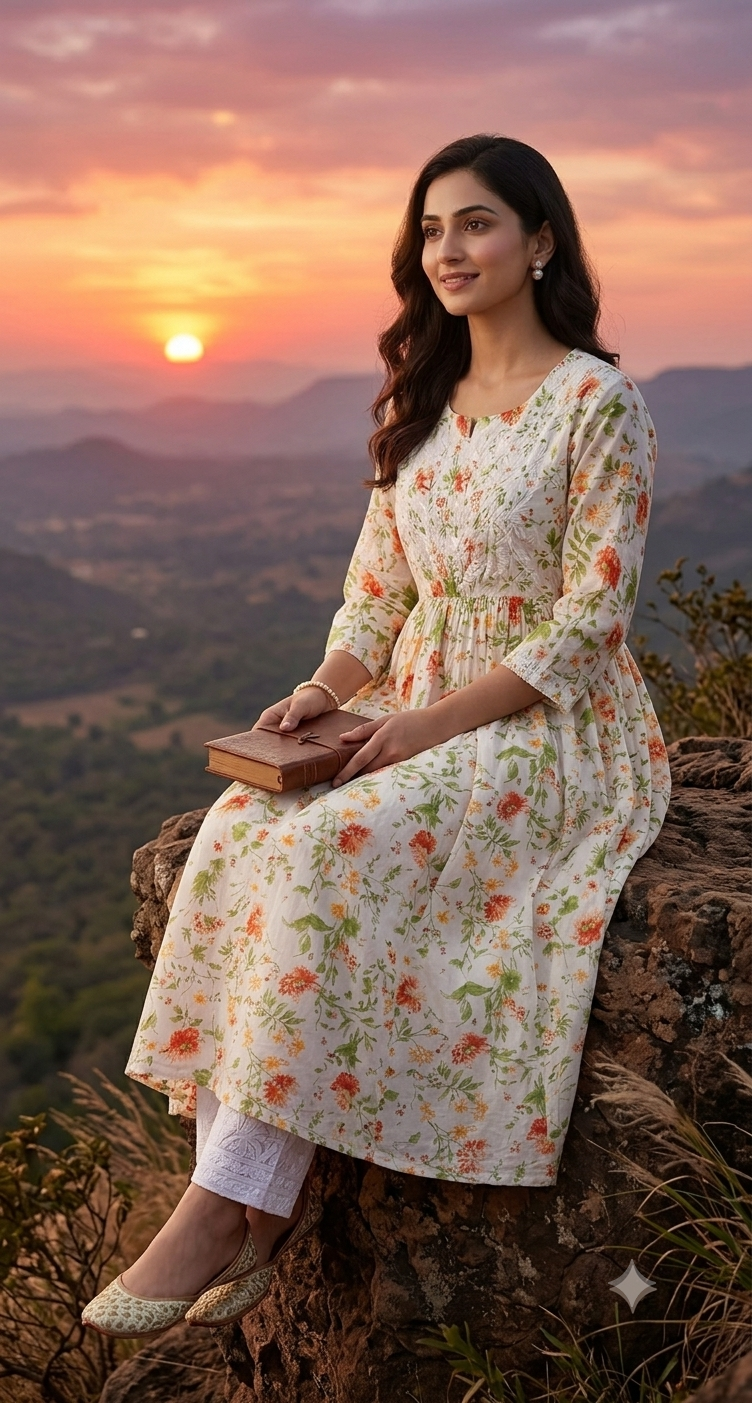 white and orange mul cotton kurti