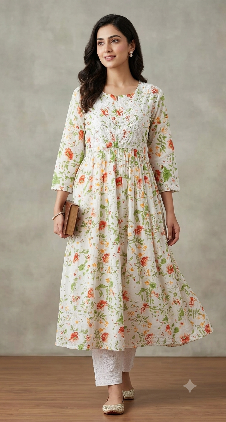 white and orange mul cotton kurti