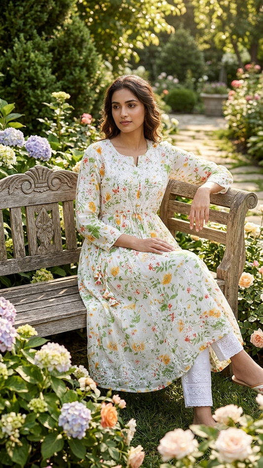 white and yellow flower print kurti