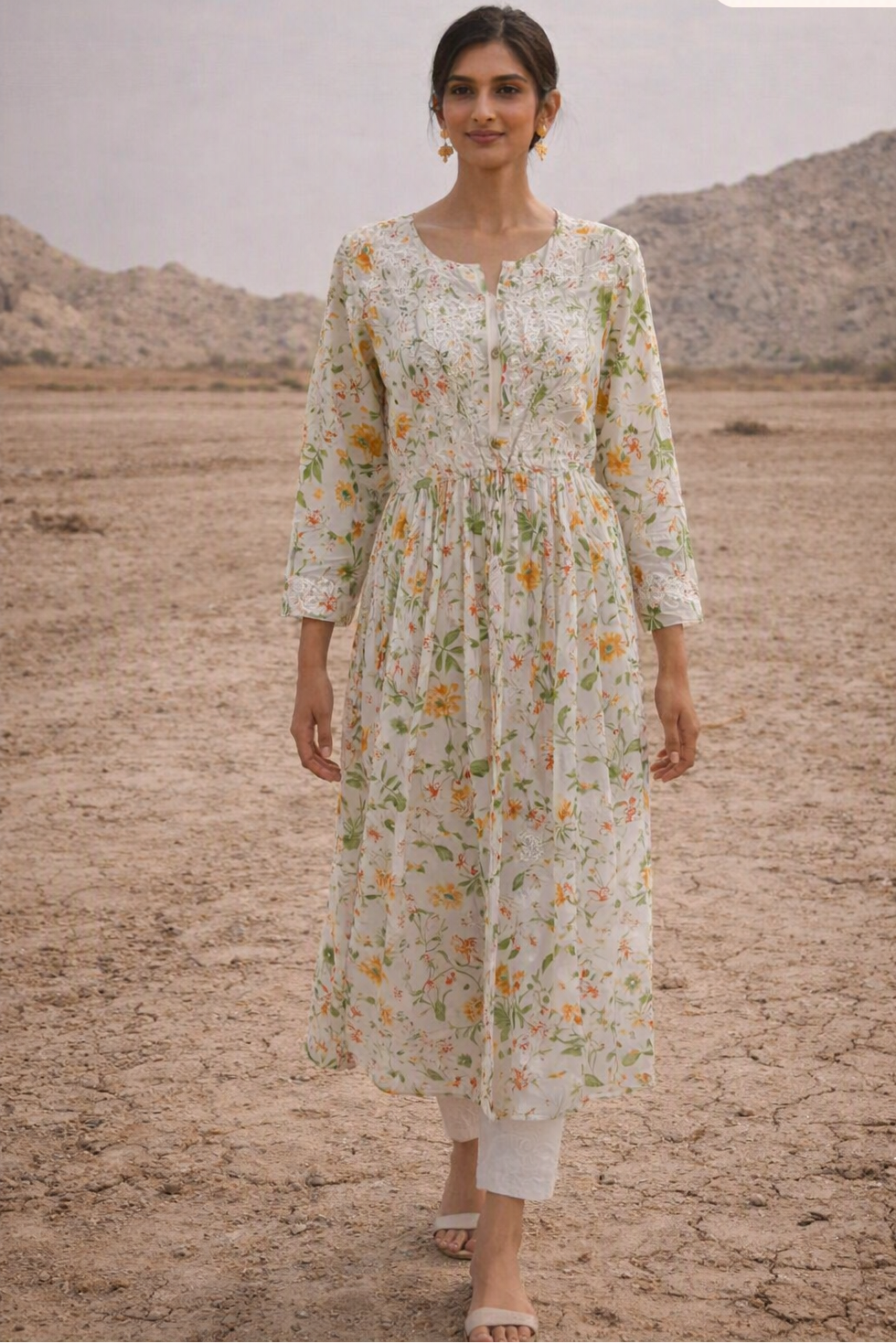 white and yellow flower print kurti