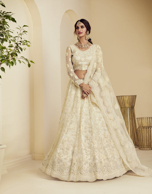 Ivory White Heavy Embroidered Net Lehenga