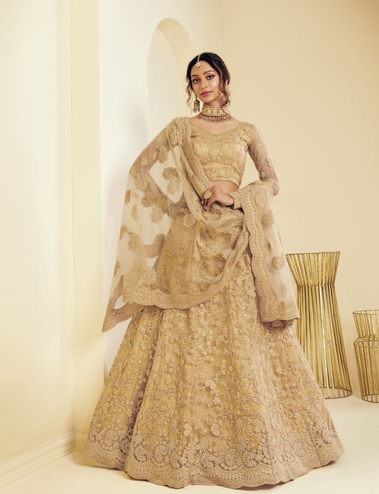 Golden Brown Heavy Embroidered Net Lehenga