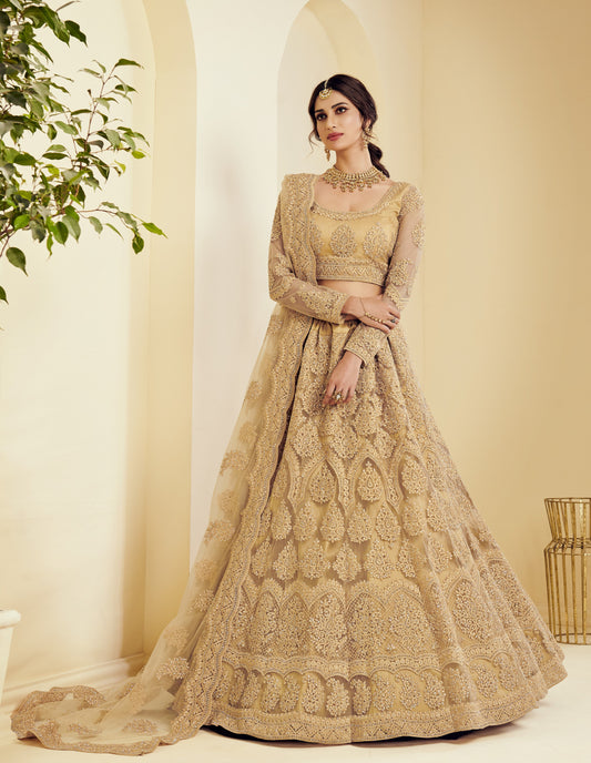 Golden Brown Heavy Embroidered Net Lehenga