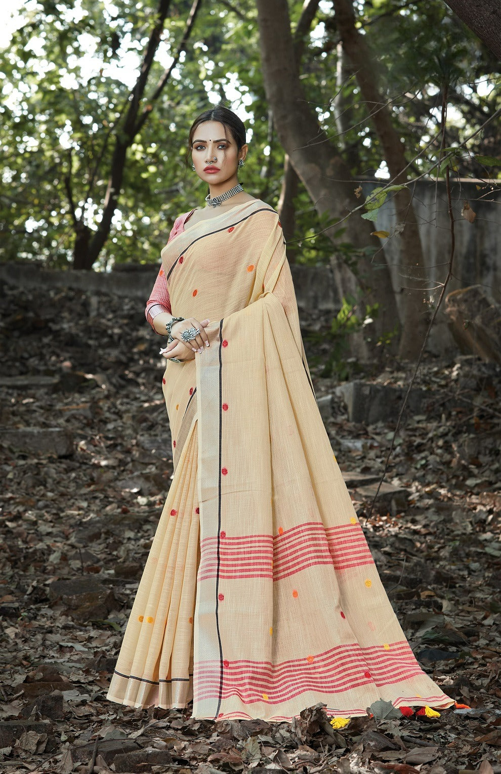 Dusty Beige Zari Woven Border Linen Saree