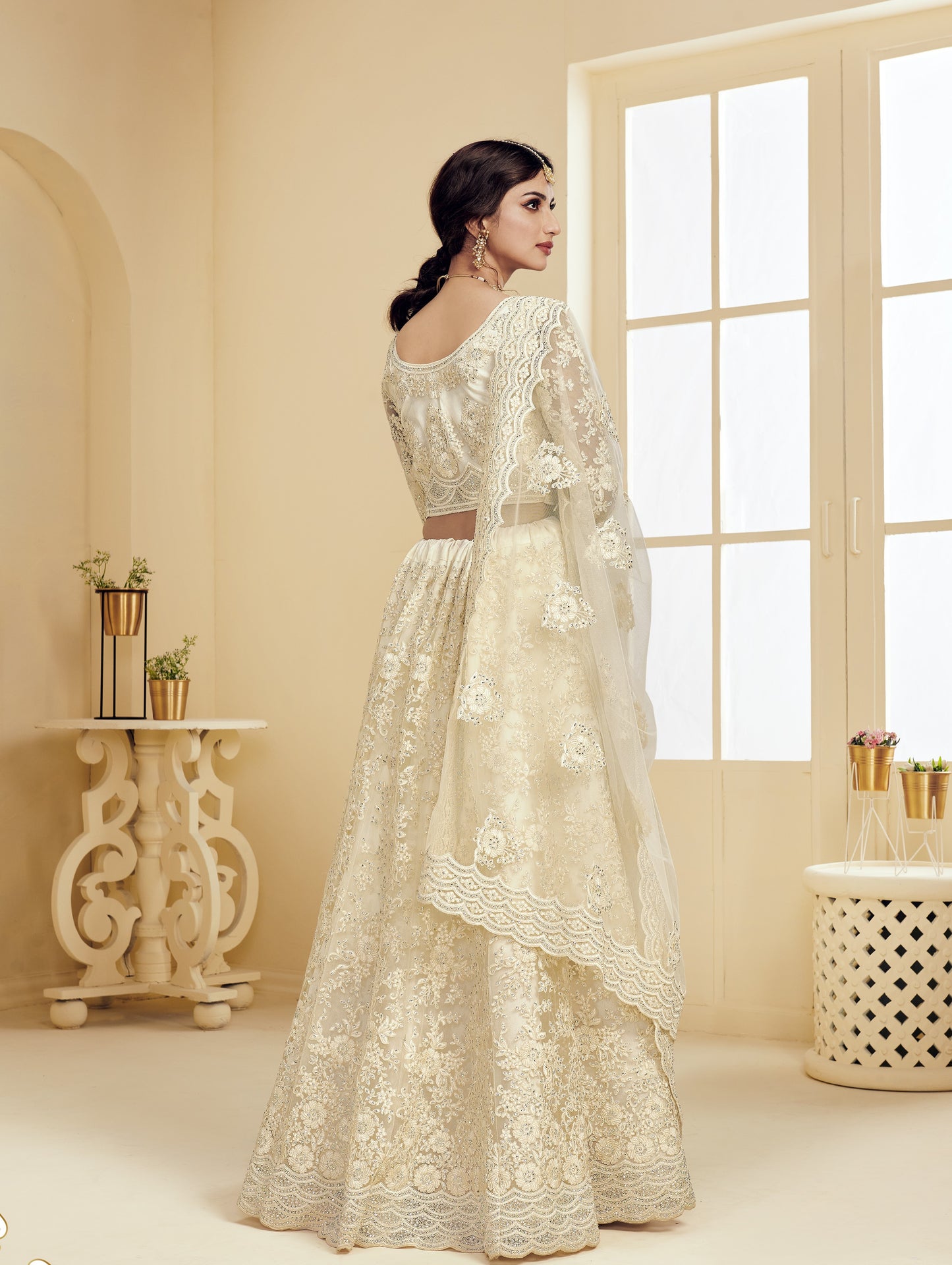 Ivory White Heavy Embroidered Net Lehenga
