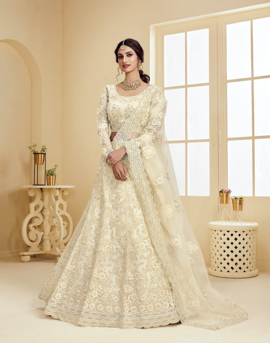 Ivory White Heavy Embroidered Net Lehenga