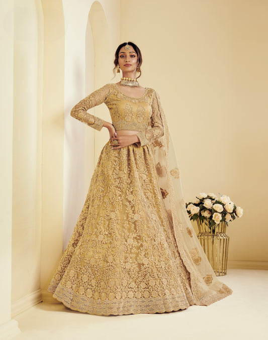 Golden Buff Heavy Embroidered Net Lehenga