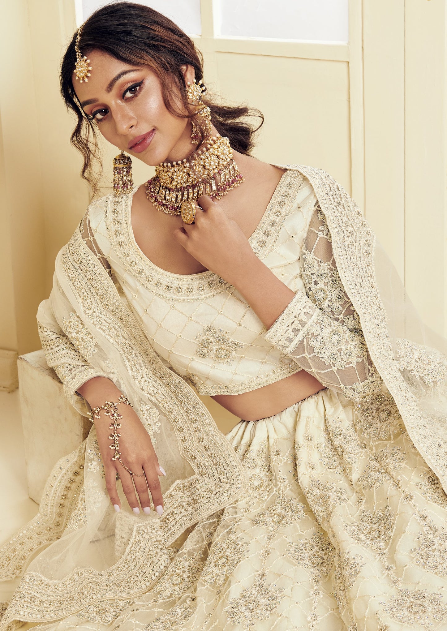 Cream White Heavy Embroidered Net Lehenga