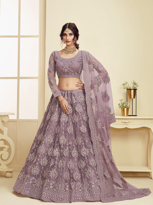 Beautiful Mauve Heavy Embroidered Net Lehenga