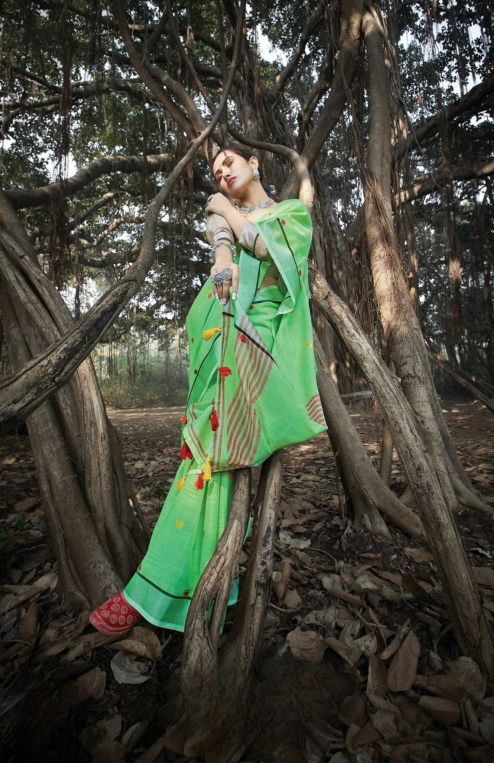 Bay Green Zari Woven Border Linen Saree
