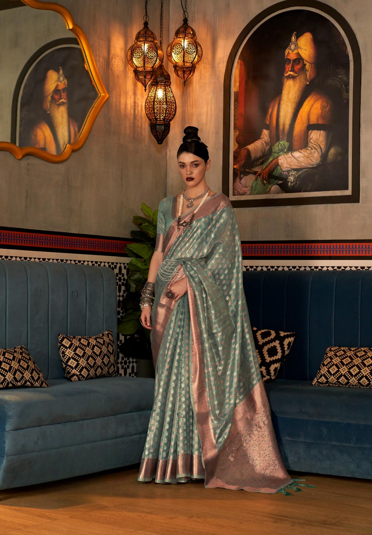 Seaweed Green Tissue Silk Handloom Saree