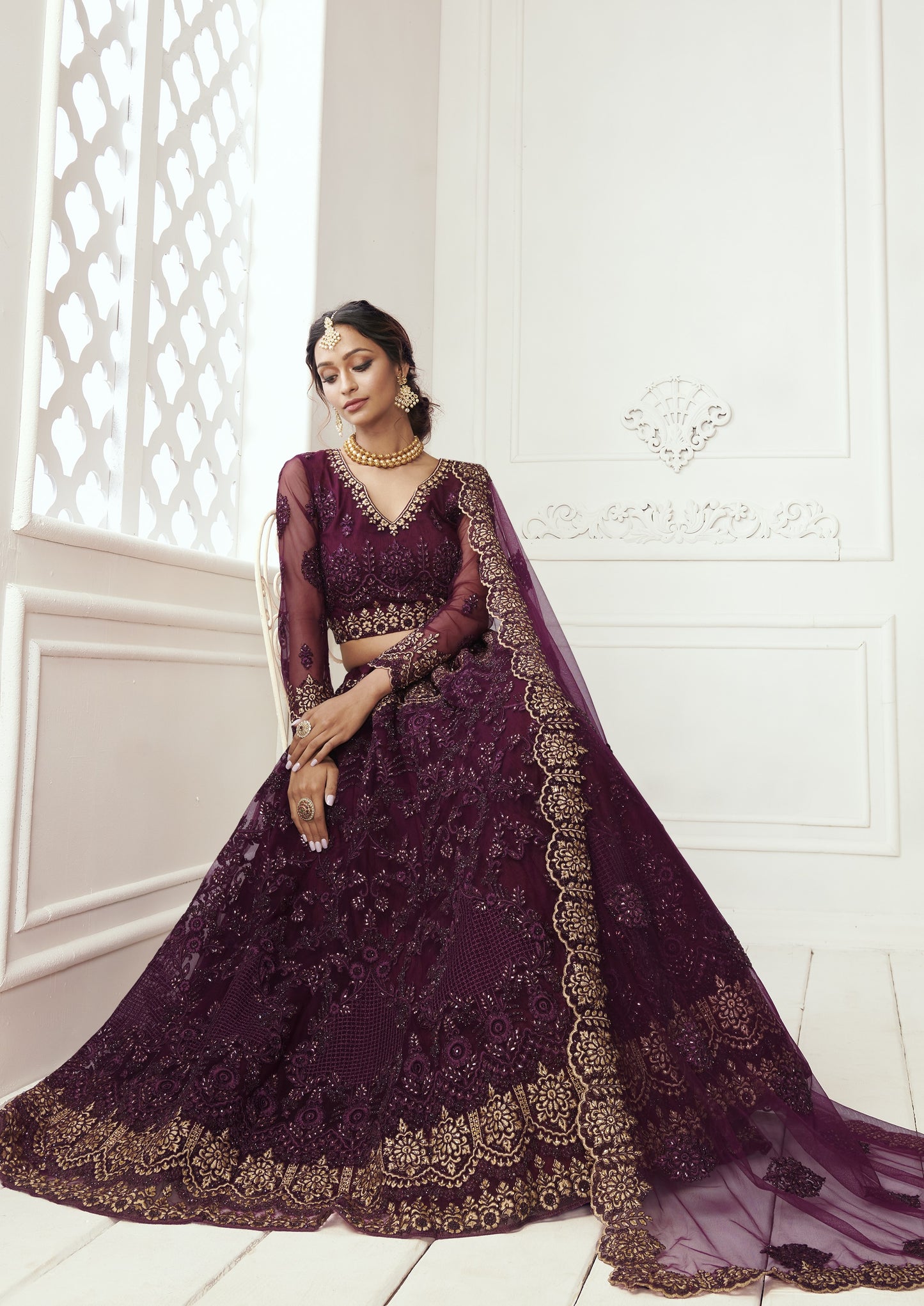 Grape Wine Heavy Embroidered Net Bridal Lehenga