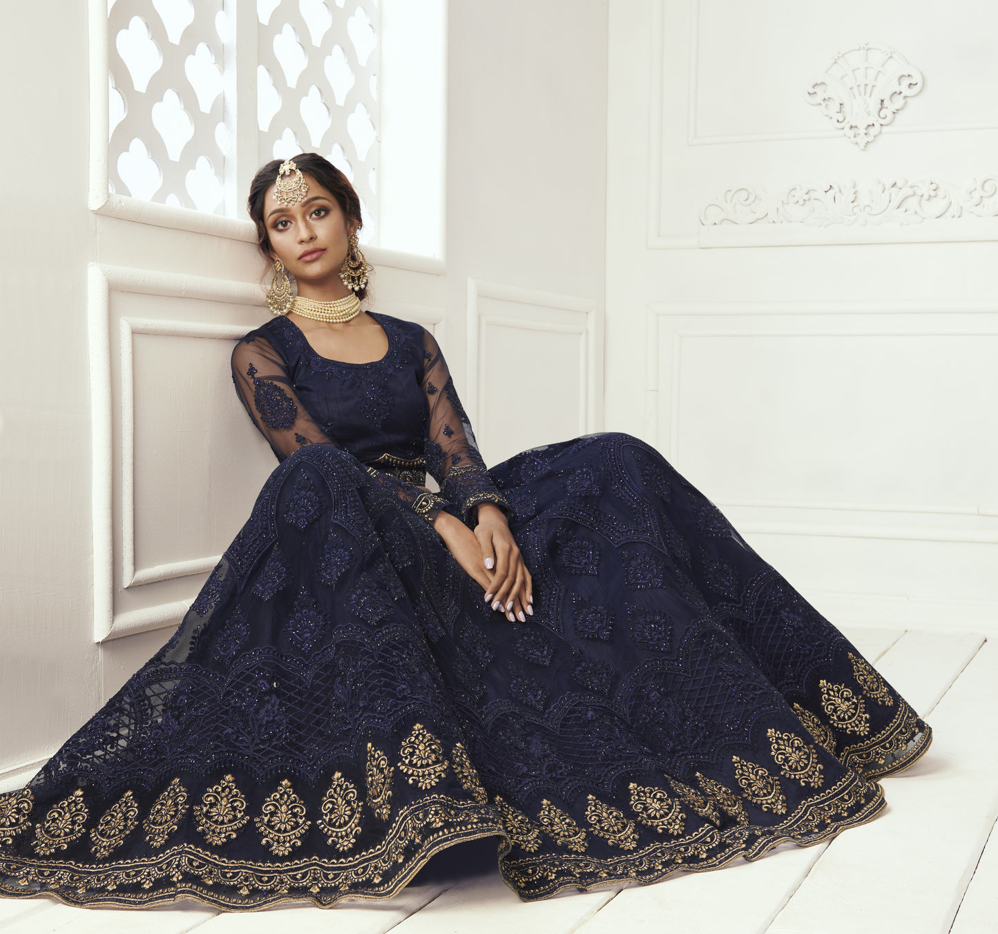 Navy Blue Heavy Embroidered Net Bridal Lehenga