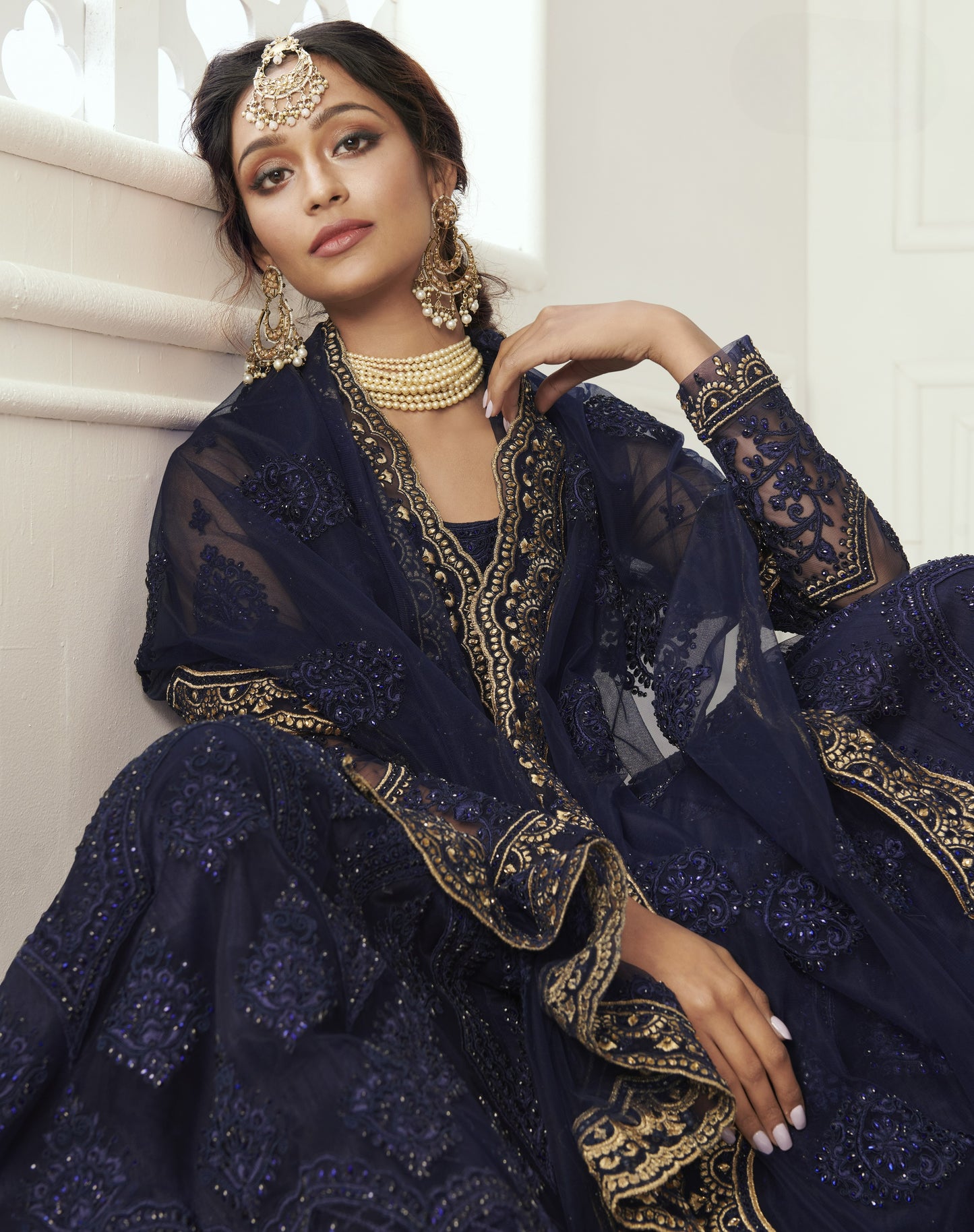 Navy Blue Heavy Embroidered Net Bridal Lehenga