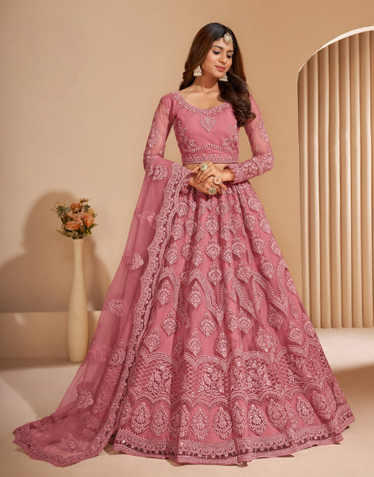 Crepe Pink Heavy Embroidered Net Lehenga