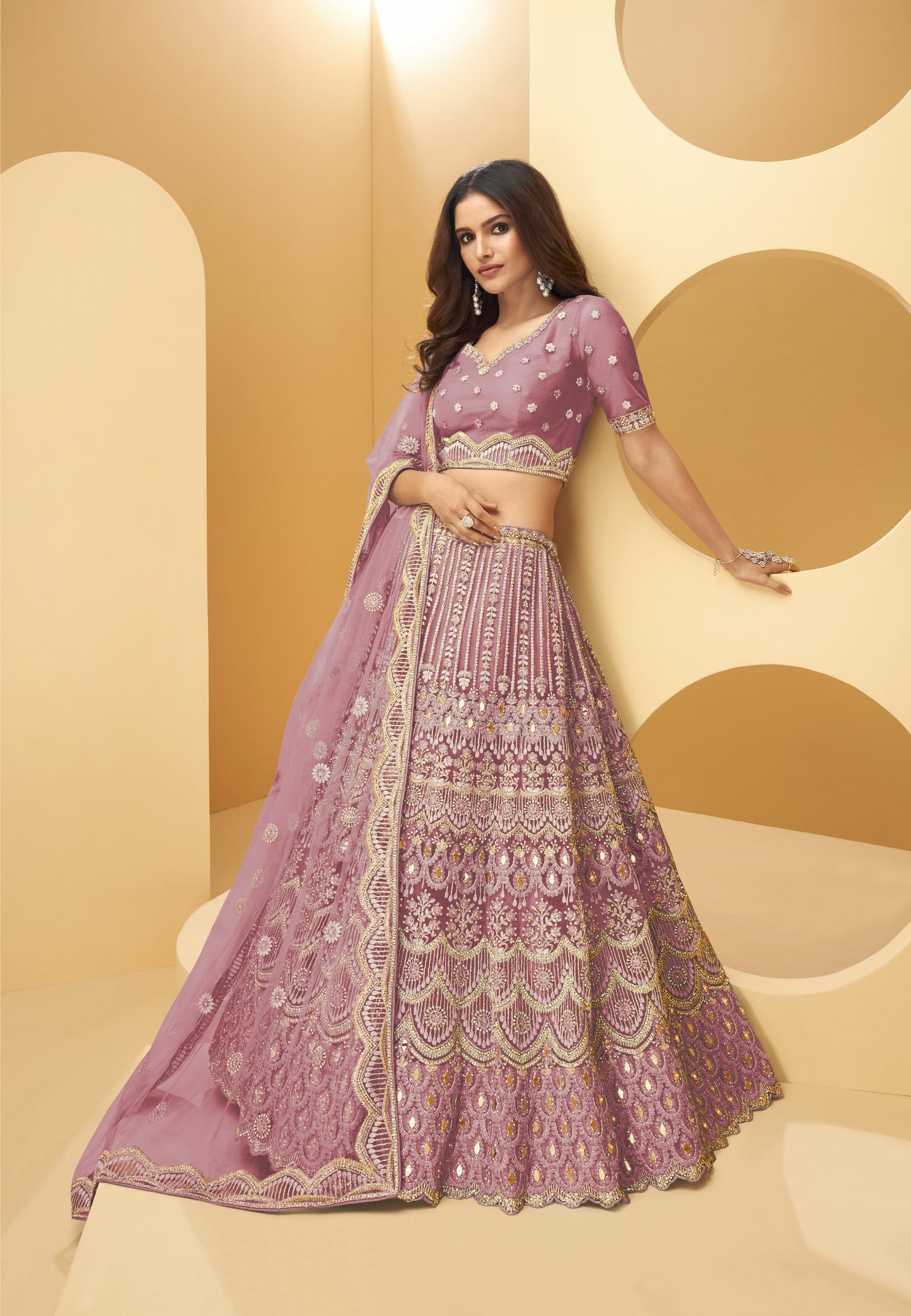 Onion Pink Heavy Embroidered Net Bridal Lehenga