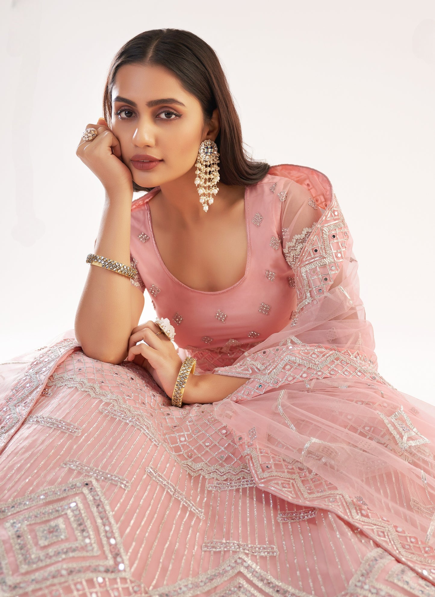 Powder Pink Heavy Embroidered Net Bridal Lehenga