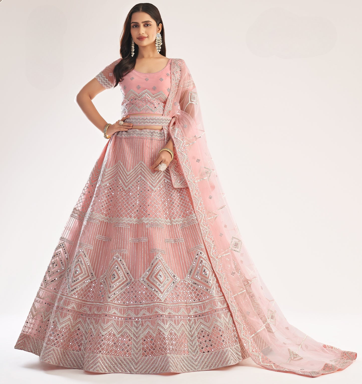 Powder Pink Heavy Embroidered Net Bridal Lehenga