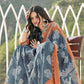 Bluish Grey & Orange Printed Handloom Cotton Saree